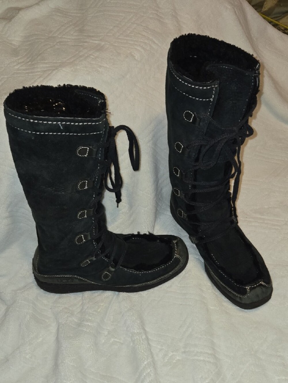 UGG Black Sheepskin/Leather Lace-Up Shearling Fur Lined Women's Boots